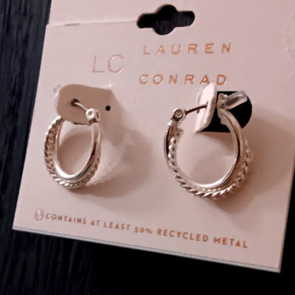 LC LAUREN CONRAD Mod/Contemporary Silver Smooth & Twisted Double Hoop Earrings - Picture 1 of 3